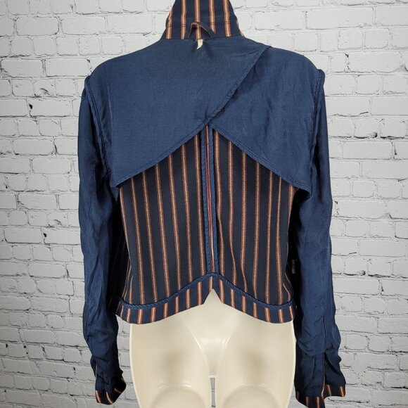 Free People Navy Striped Double Breasted Buttoned Cropped Jacket Small S - Picture 7 of 16